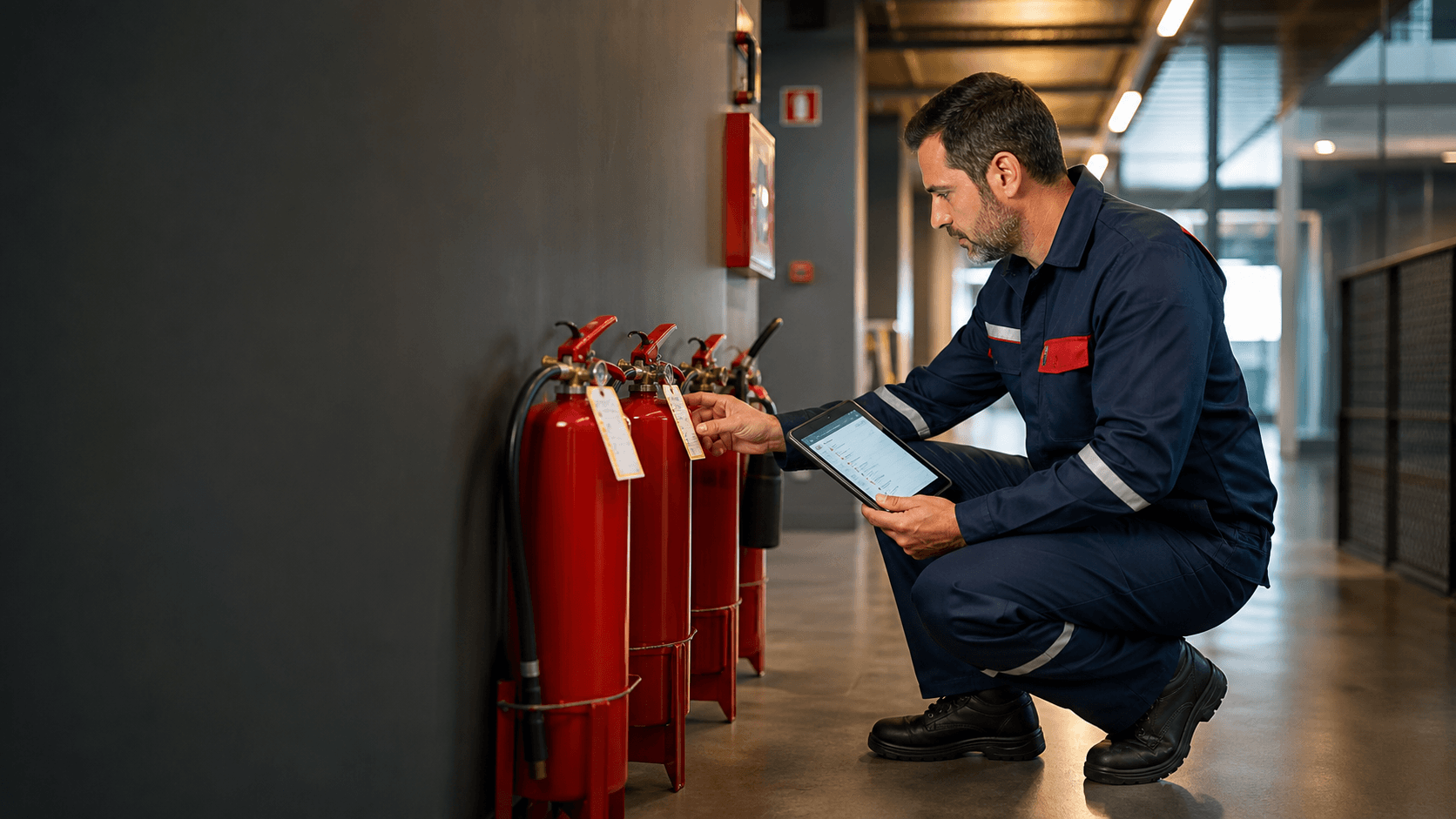 Técnico inspecionando extintores com tablet